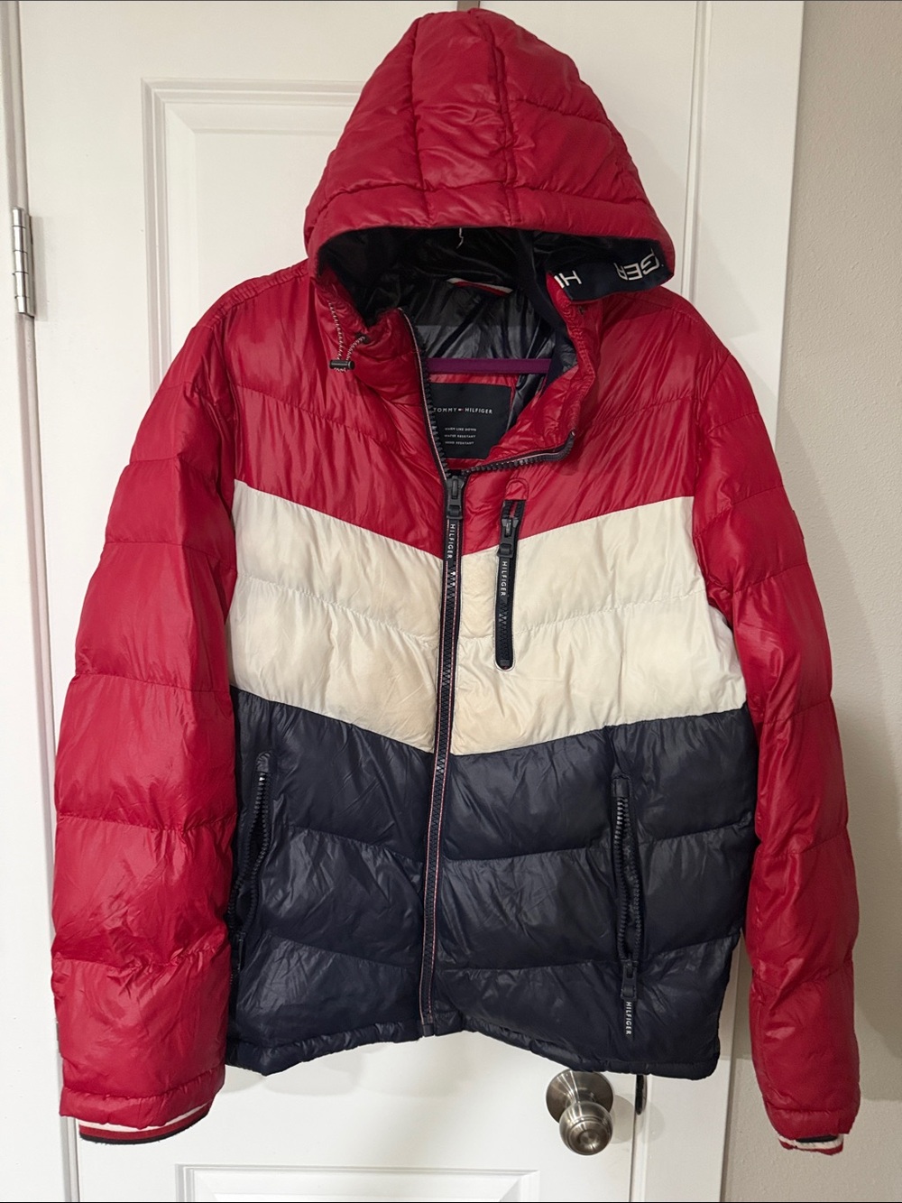 Tommy Hilfiger Red, White & Navy Colorblock Puffer Jacket with Hood